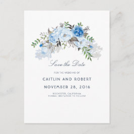 Postal De Anuncios Acuarela floral azul polvoriento Save the Date