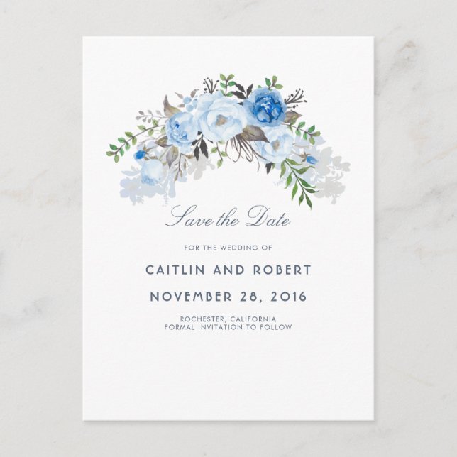 Postal De Anuncios Acuarela floral azul polvoriento Save the Date (Anverso)