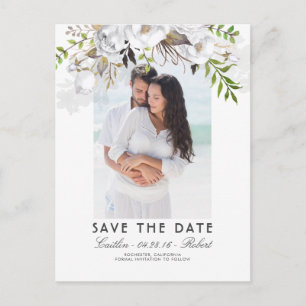 Postal De Anuncios Acuarela floral blanca Foto Guardar la fecha