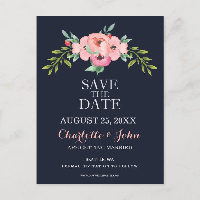 Postal De Anuncios Acuarela Floral Elegante Boda Azul Marino (Anverso)