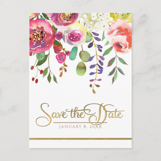 Postal De Anuncios Acuarela Floral Flores Modernos Guardar la Fecha (Anverso)