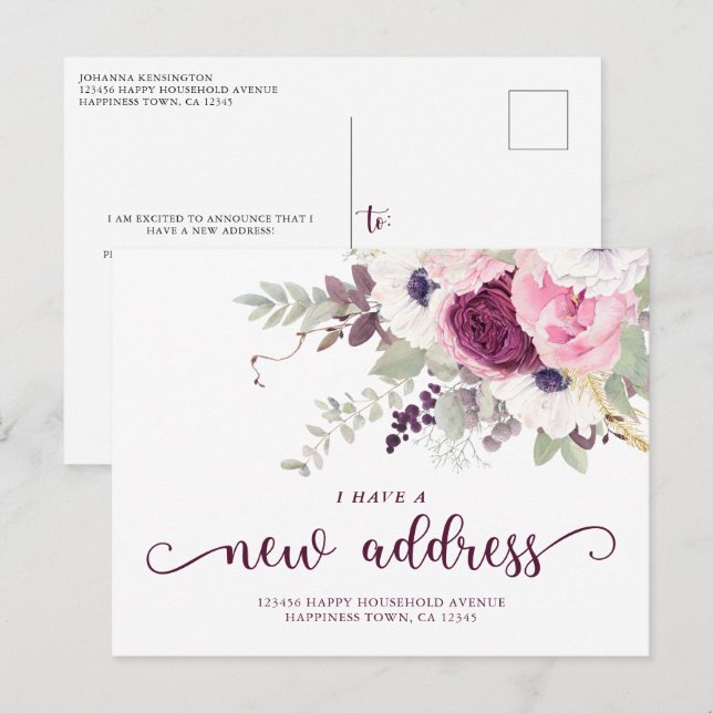 Postal De Anuncios Acuarela Floral Tengo Una Nueva Dirección Mudanza  (Anverso / Reverso)