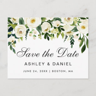 Postal De Anuncios Acuarela Floral Verde Blanco Save The Date