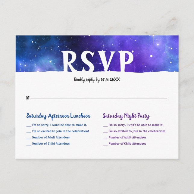 Postal De Anuncios Acuarela Galaxia Morada Azul Bar Mitzvah RSVP (Anverso)