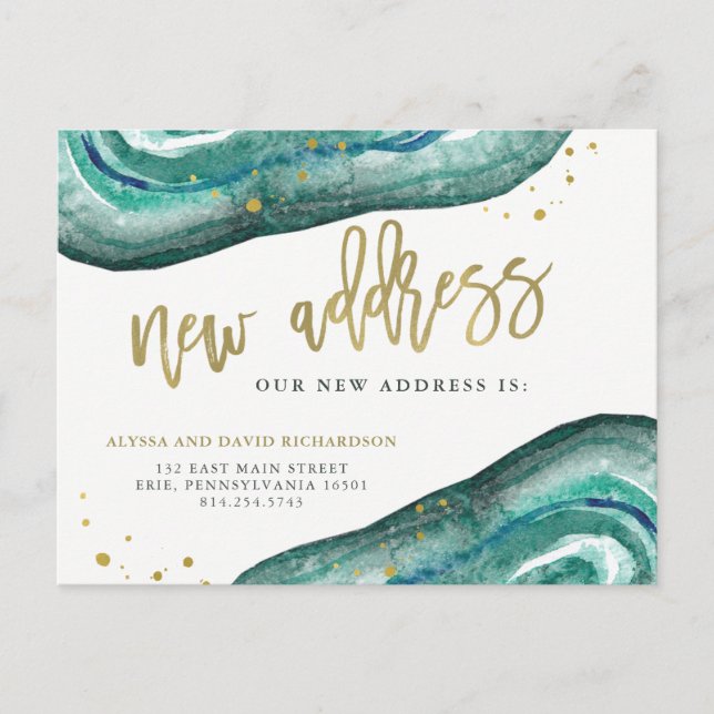 Postal De Anuncios Acuarela Geoda Teal y Oro | Nueva Dirección (Anverso)