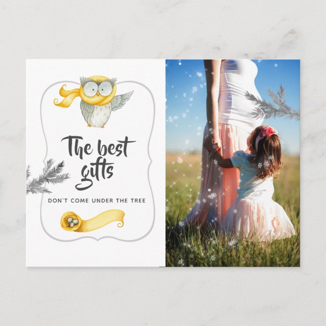 Postal De Anuncios Acuarela Lechuza Invernal Navidades Bebé Esperando (Anverso)
