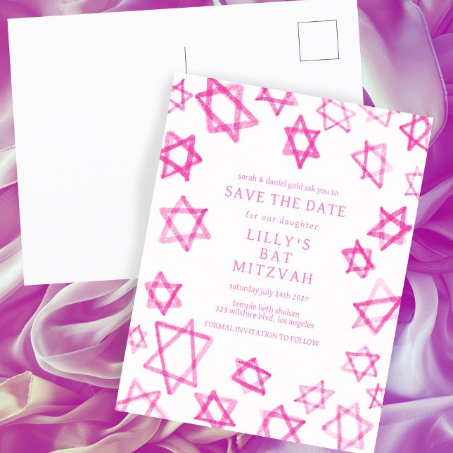 Postal De Anuncios Acuarela Monada Estrella de David Bar Mitzvah Rosa (Watercolor Cute Pink Star of David Bar Bat Mitzvah Save the Date Announcement Postcard
)