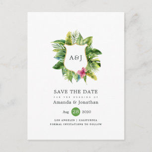 Postal De Anuncios Acuarela Monograma de Boda Tropical de Verano en l