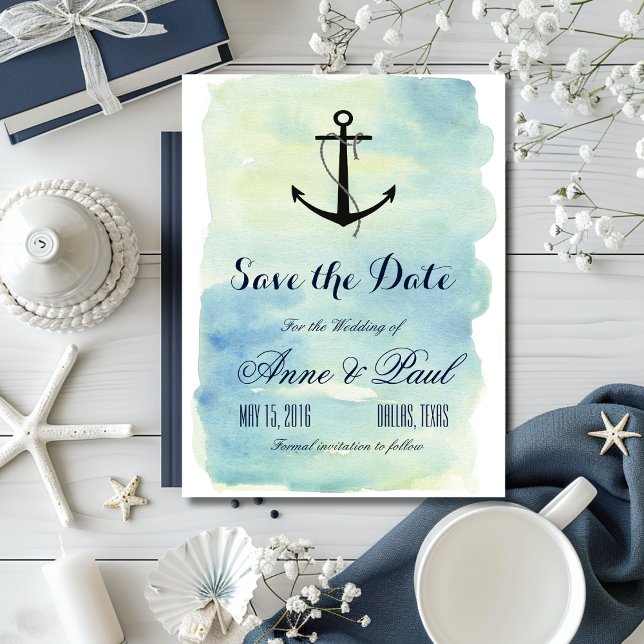 Postal De Anuncios acuarela náutica Guardar la fecha (Nautical watercolor Save the Date Announcement Postcard)
