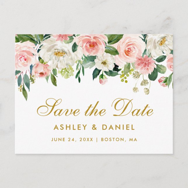 Postal De Anuncios Acuarela Oro Floral Blanco Rosa Salva la Fecha (Anverso)