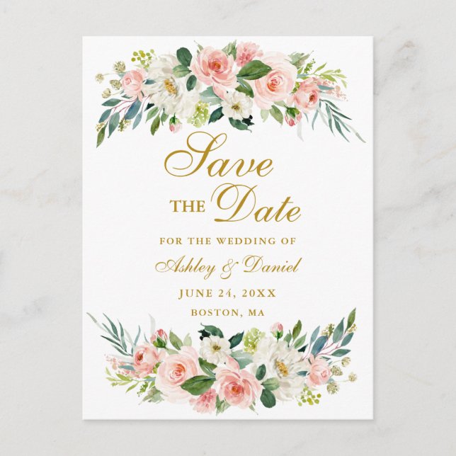 Postal De Anuncios Acuarela Oro Floral Blanco Rosa Salva la Fecha (Anverso)