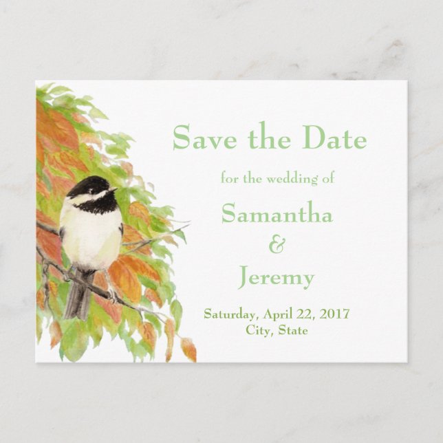 Postal De Anuncios Acuarela Otoño Chickadee Guardar la Fecha (Anverso)