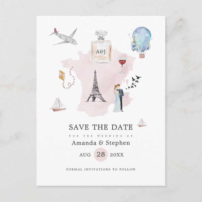 Postal De Anuncios Acuarela París Boda de destino Guardar la fecha (Anverso)