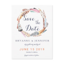 Acuarela Plumas Rústico Bohemiio Guardar La Fecha