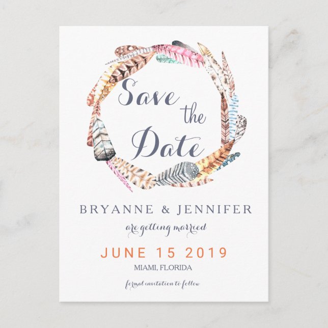 Postal De Anuncios Acuarela Plumas Rústico Bohemiio Guardar La Fecha (Anverso)