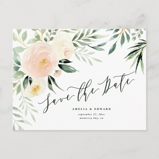 Postal De Anuncios acuarela rosa melocotón floral & follaje Boda (Anverso)