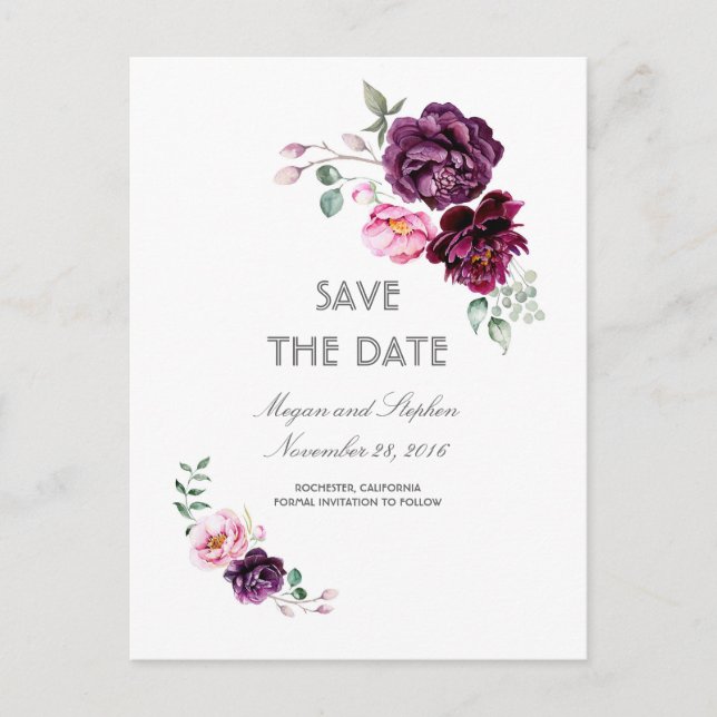 Postal De Anuncios Acuarelas Florales Moradas de Ciruela Save the Dat (Anverso)
