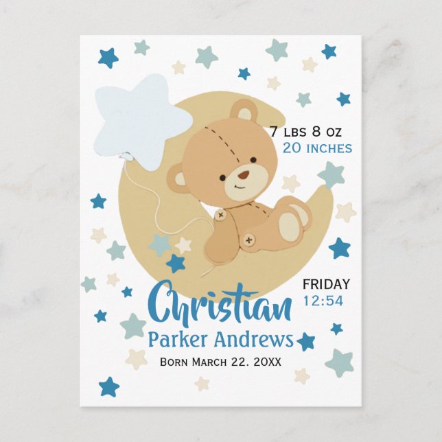 Postal De Anuncios Adorable Teddy Bear Baby Boy Estadísticas de Nacim (Anverso)