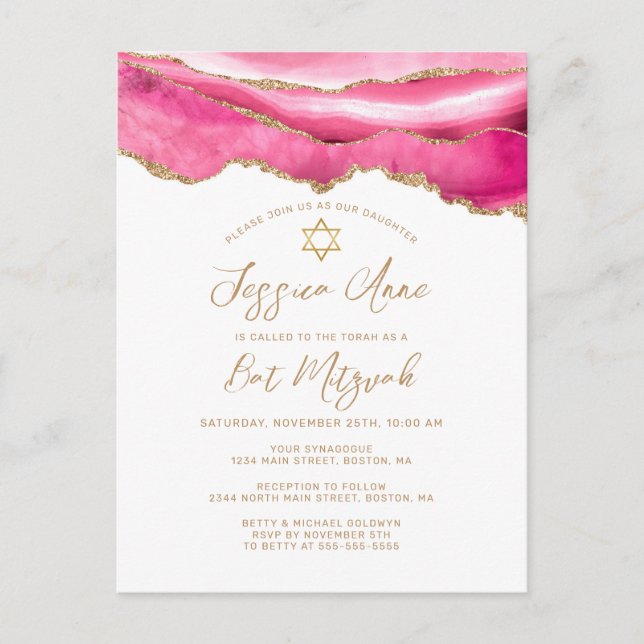 Postal De Anuncios Agate Bat Mitzvah, Purpurina de oro rosado moderno (Anverso)
