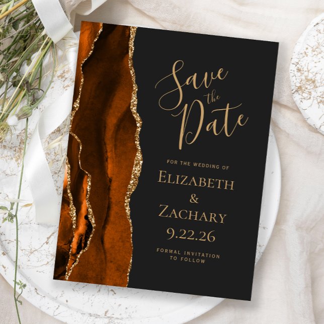 Postal De Anuncios Agate Burnt Naranja Gold Dark Save the Date (Subido por el creador)