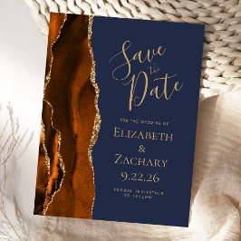 Postal De Anuncios Agate Burnt Naranja Gold Navy Blue Save the Date