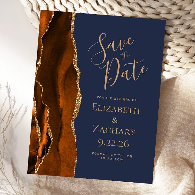 Postal De Anuncios Agate Burnt Naranja Gold Navy Blue Save the Date (Subido por el creador)