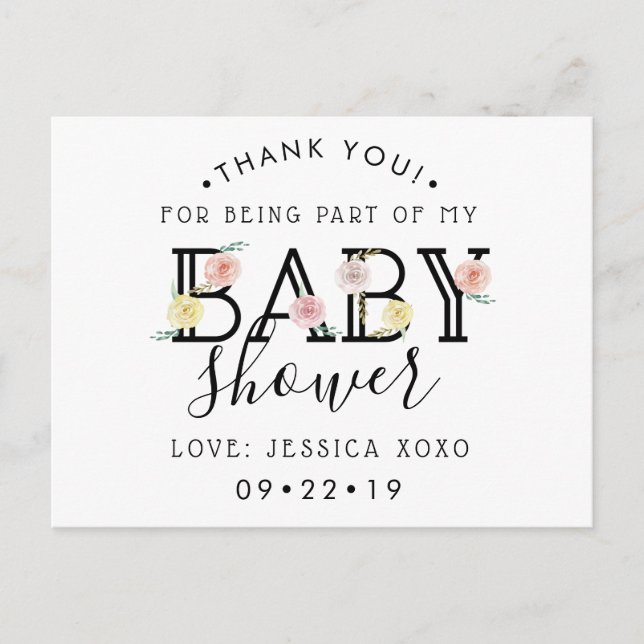 Postal De Anuncios Agradecimiento Chic Floral para Baby Shower (Anverso)