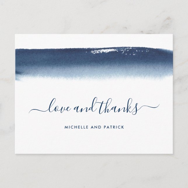 Postal De Anuncios Agradecimiento de boda moderno con acuarela azul m (Anverso)