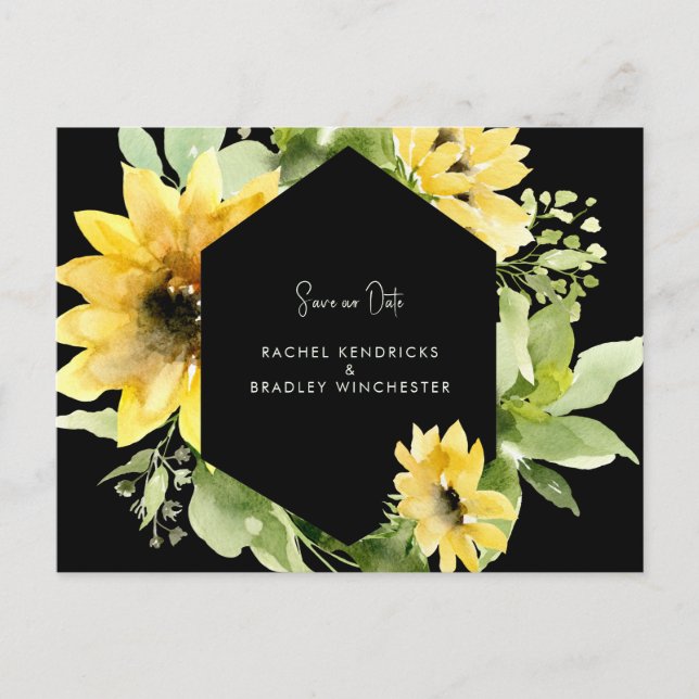 Postal De Anuncios Aguarde nuestra fecha de boda negro girasol Anunci (Anverso)