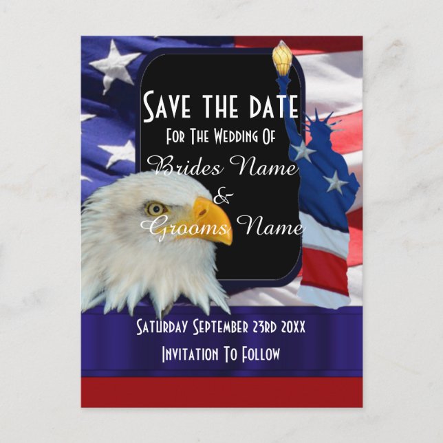 Postal De Anuncios Águila americana y bandera guardar la fecha (Anverso)