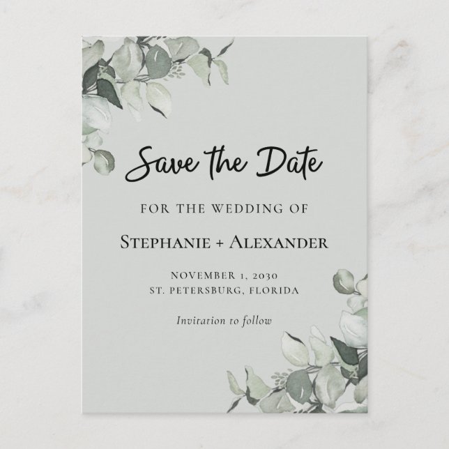 Postal De Anuncios Ahorra la Fecha de Boda con Eucalipto Verde Sage d (Anverso)