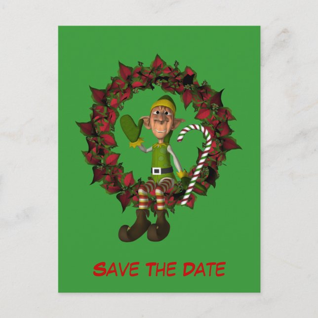 Postal De Anuncios Ahorra La Fecha Elfo Divertido En Corona De Navida (Anverso)