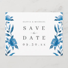 Postal De Anuncios Ahorra la fecha floral acuarela azul y blanco