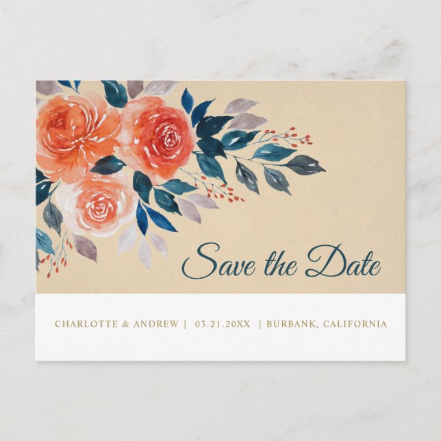 Postal De Anuncios Ahorra la fecha floral de acuarela naranja y crema (Anverso)