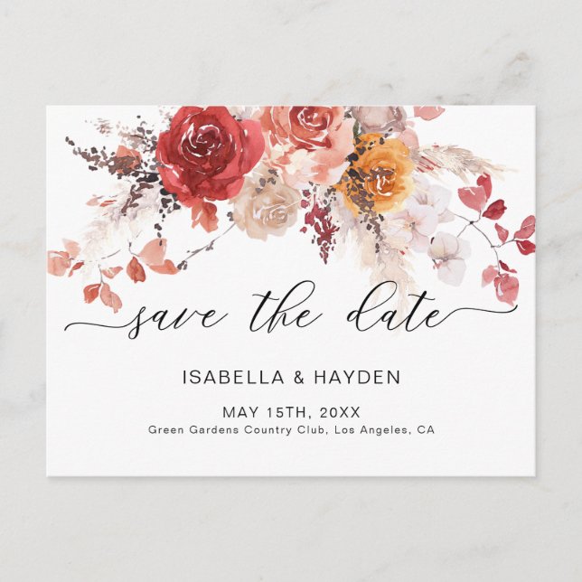 Postal De Anuncios Ahorre la fecha Boho Pampas Terracota Naranja Quem (Anverso)