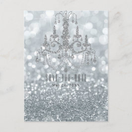 Postal De Anuncios Ahorre la Fecha Candil Glam Bokeh Brillo Plateado