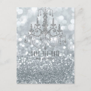 Postal De Anuncios Ahorre la Fecha Candil Glam Bokeh Brillo Plateado