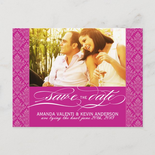 Postal De Anuncios Ahorre la Fecha Damask Fuschia (Anverso)