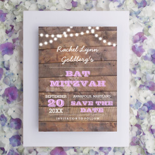 Postal De Anuncios Ahorre la fecha de Bat Mitzvah de Lila de Luces de