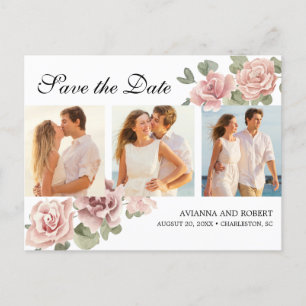 Postal De Anuncios Ahorre la fecha de boda de 3 fotos florales rosada