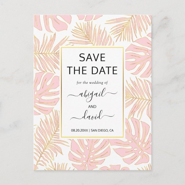 Postal De Anuncios Ahorre la fecha de boda de hojas tropicales de col (Anverso)