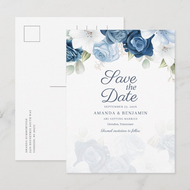 Postal De Anuncios Ahorre la fecha de boda en azul polvoriento con gu (Anverso / Reverso)