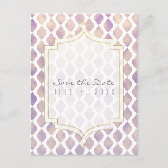 Postal De Anuncios Ahorre la fecha de boda moro Purple Gold & White (Anverso)