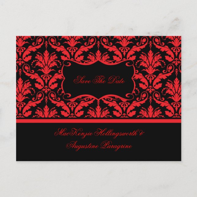 Postal De Anuncios Ahorre la fecha de damasco rojo y negro (Anverso)