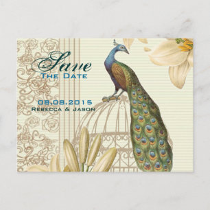 Postal De Anuncios Ahorre la fecha de la boda del pavo real floral de