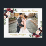 Postal De Anuncios Ahorre la fecha floral azul burdeos acuarela dorad<br><div class="desc">Póster de compromiso de tarjeta postal para ahorrar la fecha floral azul burdeos acuarela</div>