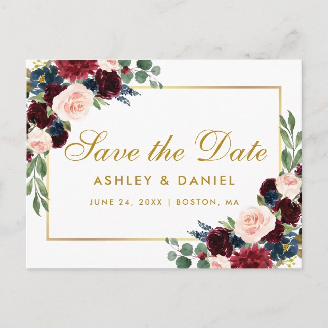 Postal De Anuncios Ahorre la fecha floral azul burdeos acuarela oro (Anverso)