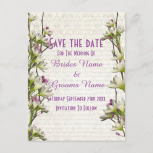 Postal De Anuncios Ahorre la fecha floral blanco y malva bonito