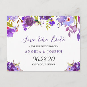 Postal De Anuncios Ahorre la fecha floral de violeta púrpura acuarela