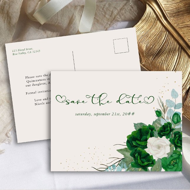 Postal De Anuncios Ahorre la fecha floral verde esmeralda y marfil (Save the Date Postcard from the Royal Rose Emerald Green Quinceanera Collection by Darling & May)